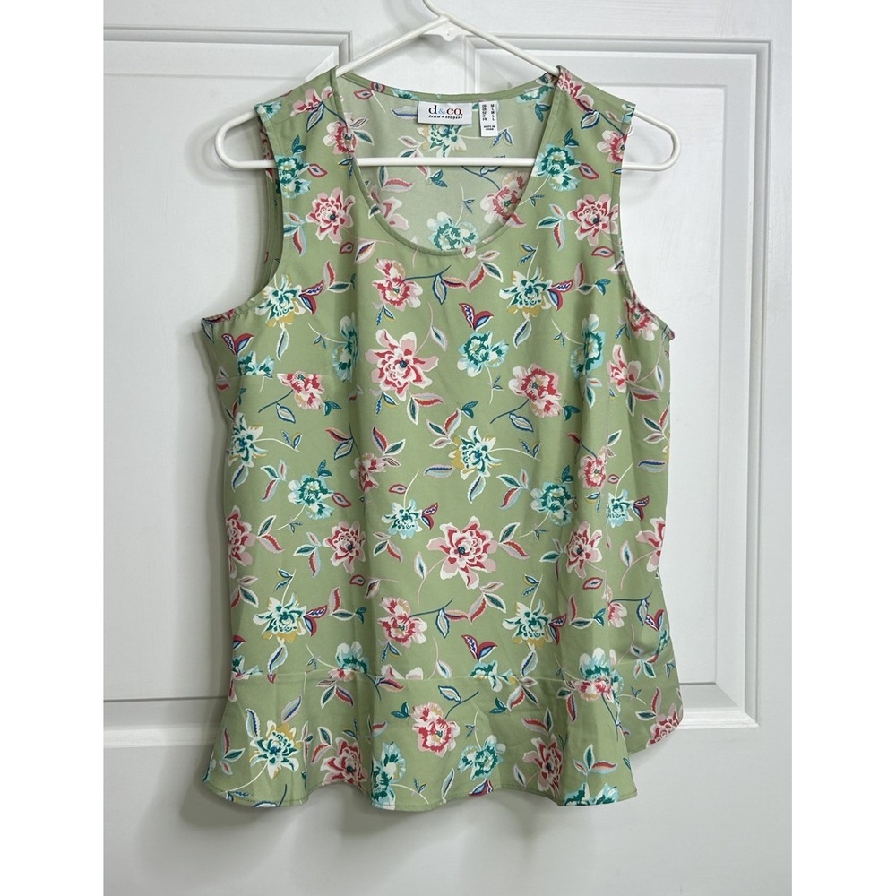 D & Co Denim & Co Women's Medium Sleeveless Tank Top Blouse Floral Green Flutter